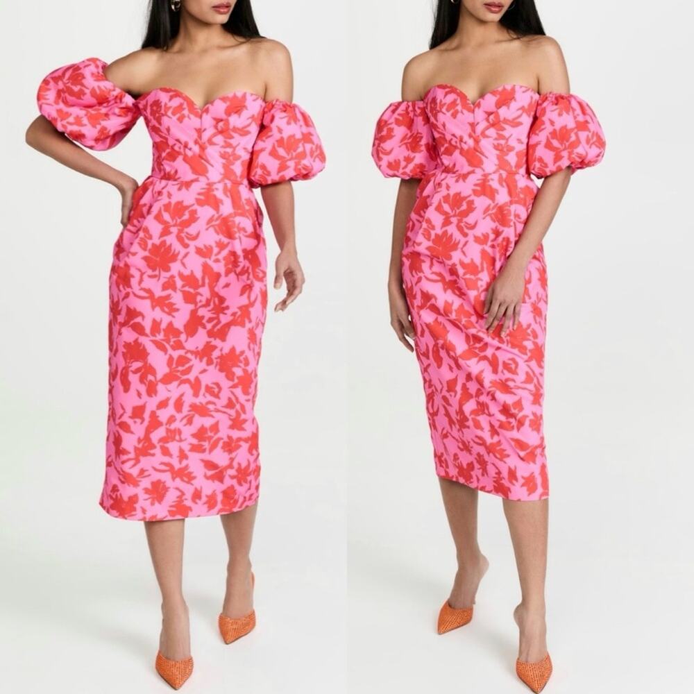AMUR Micaela Sweetheart Printed Midi Dress in Plumeria Pink Abstract Floral